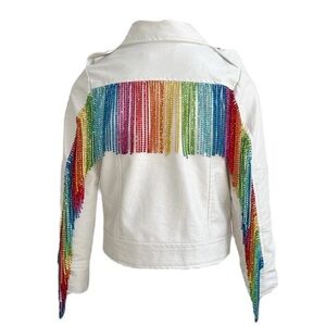 Lola + The Boys White Leather Jacket with Rainbow Fringe